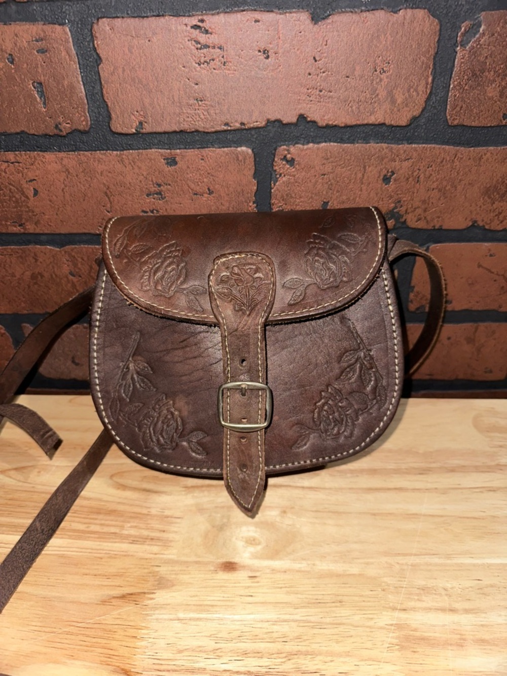 Brown Floral Tooled Leather Crossbody Bag